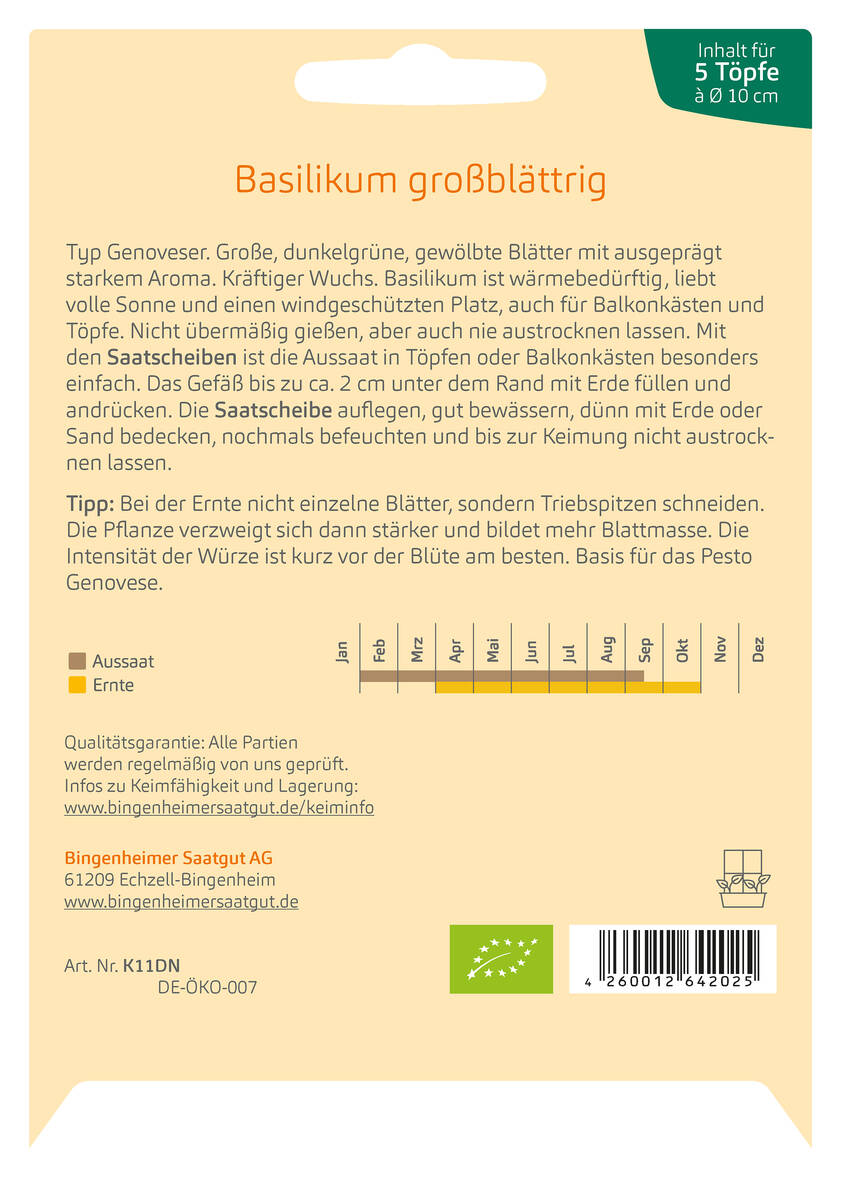 Bingenheimer Saatgut Basilikum großblättrig Saatscheibe