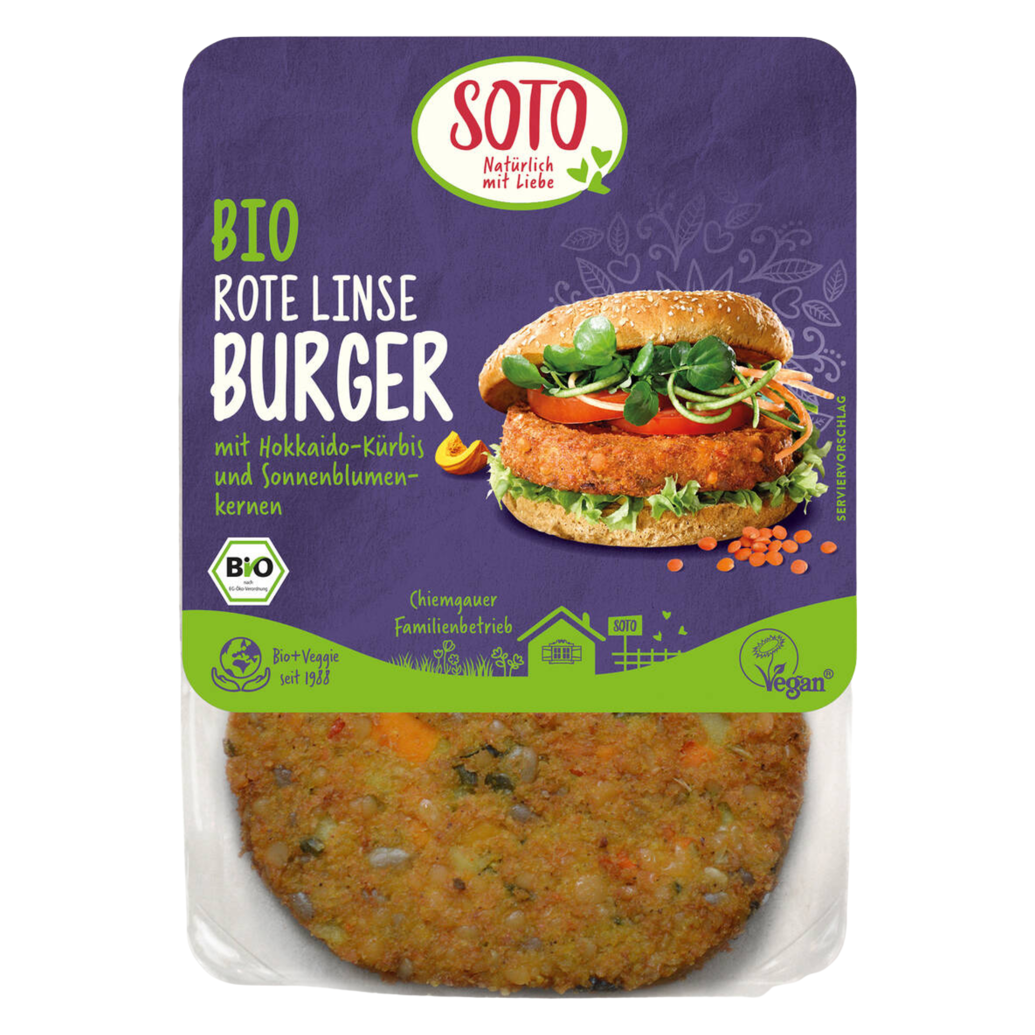 Hamburguesa vegetal de lentejas rojas de Soto Bio
