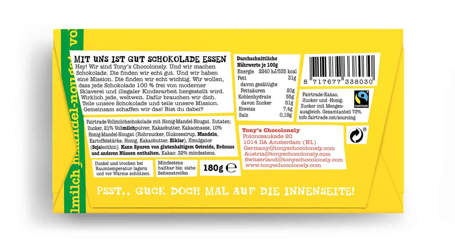 Vollmilchschokolade 32% Honig Mandel-Nougat, 180g