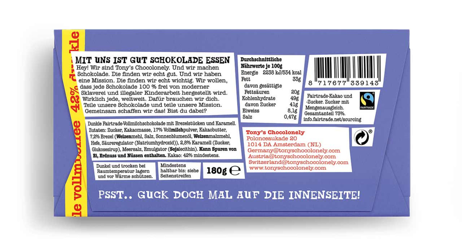 Dunkle Vollmilchschokolade 42% Brezel Toffee, 180g